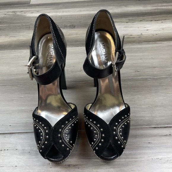 Michael Kors Astor Quarter Strap Heels Women's Black Silver Studs 9 - Picture 1 of 8